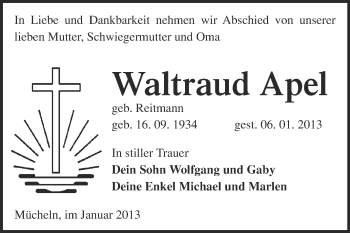 Traueranzeige von Waltraud Apel von Mitteldeutsche Zeitung Merseburg/Querfurt