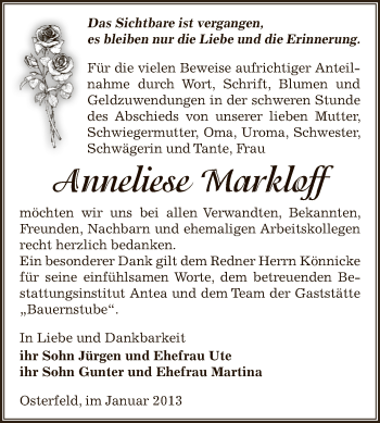 Traueranzeige von Anneliese Markloff von Mitteldeutsche Zeitung Zeitz