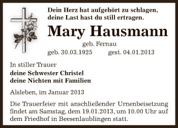 Traueranzeige von Mary Hausmann von Mitteldeutsche Zeitung Bernburg