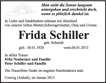 Traueranzeige von Frida Schiller von Mitteldeutsche Zeitung Jessen