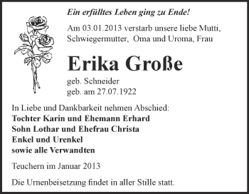 Traueranzeige von Erika Große von Mitteldeutsche Zeitung Weißenfels