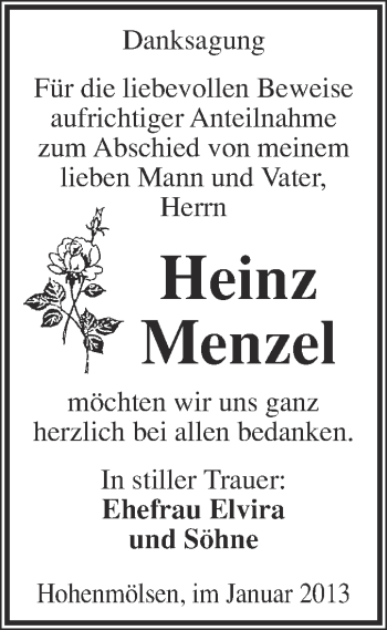 Traueranzeige von Heinz Menzel von Mitteldeutsche Zeitung Weißenfels