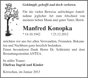 Traueranzeige von Manfred Konopka von Mitteldeutsche Zeitung Weißenfels