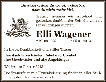 Traueranzeige von Elli Wagener von Mitteldeutsche Zeitung Bitterfeld
