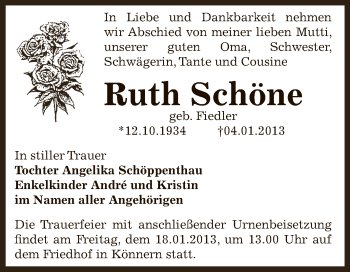 Traueranzeige von Ruth Schöne von Mitteldeutsche Zeitung Bernburg