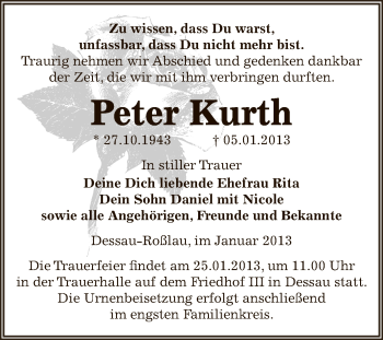 Traueranzeige von Peter Kurth von Mitteldeutsche Zeitung Dessau-Roßlau