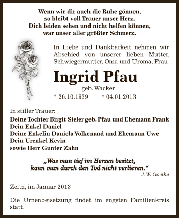 Traueranzeige von Ingrid Pfau von Mitteldeutsche Zeitung Zeitz