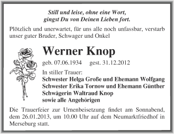 Traueranzeige von Werner Knop von Mitteldeutsche Zeitung Merseburg/Querfurt