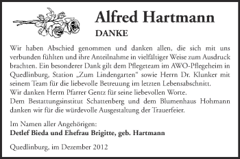 Traueranzeige von Alfred Hartmann von Mitteldeutsche Zeitung Quedlinburg