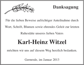 Traueranzeige von Karl-Heinz Witzel von Mitteldeutsche Zeitung Quedlinburg