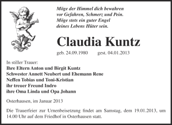 Traueranzeige von Claudia Kuntz von Mitteldeutsche Zeitung Merseburg/Querfurt