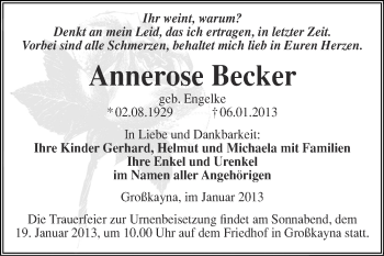 Traueranzeige von Annerose Becker von Mitteldeutsche Zeitung Merseburg/Querfurt