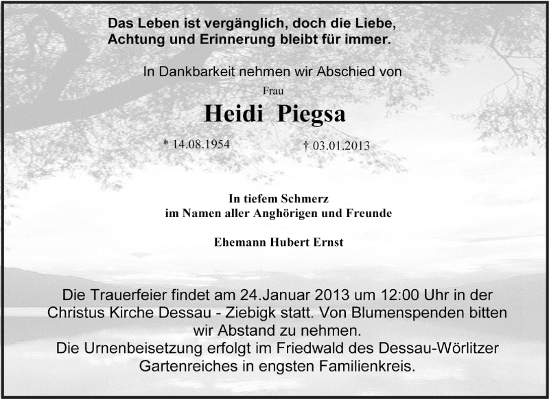  Traueranzeige für Heidi Piegsa vom 13.01.2013 aus Mitteldeutsche Zeitung Dessau-Roßlau