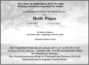 Traueranzeige von Heidi Piegsa von Mitteldeutsche Zeitung Dessau-Roßlau