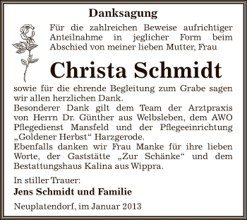 Traueranzeige von Christa Schmidt von Mitteldeutsche Zeitung Quedlinburg