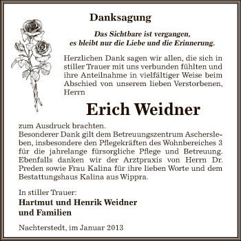 Traueranzeige von Erich Weidner von Mitteldeutsche Zeitung Aschersleben