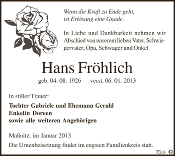 Traueranzeige von Hans Fröhlich von Mitteldeutsche Zeitung Zeitz