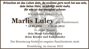 Traueranzeige von Marlis Luley von Mitteldeutsche Zeitung Mansfelder Land
