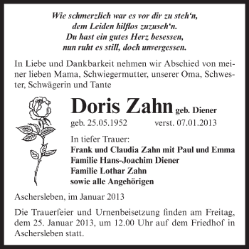 Traueranzeige von Doris Zahn von Mitteldeutsche Zeitung Aschersleben