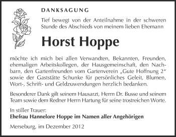 Traueranzeige von Horst Hoppe von Mitteldeutsche Zeitung Merseburg/Querfurt