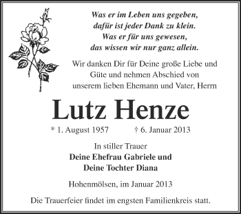 Traueranzeige von Lutz Henze von Mitteldeutsche Zeitung Weißenfels