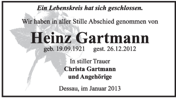 Traueranzeige von Heinz Gartmann von Mitteldeutsche Zeitung Dessau-Roßlau