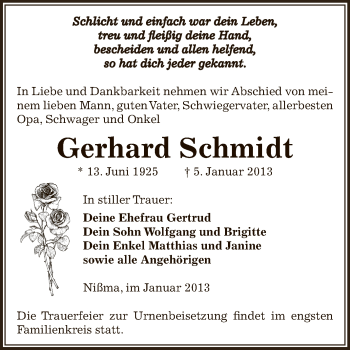 Traueranzeige von Gerhard Schmidt von Mitteldeutsche Zeitung Zeitz