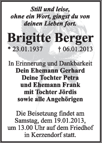 Traueranzeige von Brigitte Berger von Mitteldeutsche Zeitung Wittenberg