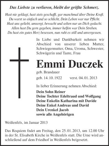 Traueranzeige von Emmi Duczek von Mitteldeutsche Zeitung Weißenfels