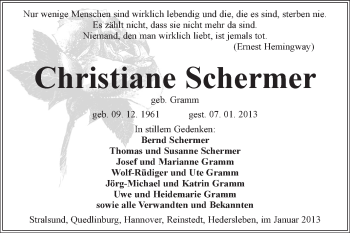 Traueranzeige von Christiane Schermer von Mitteldeutsche Zeitung Quedlinburg