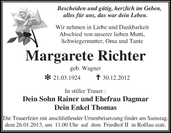 Traueranzeige von Margarete Richter von Mitteldeutsche Zeitung Dessau-Roßlau