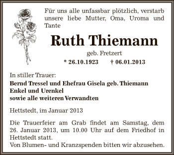 Traueranzeige von Ruth Thiemann von Mitteldeutsche Zeitung Mansfelder Land