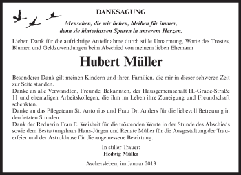 Traueranzeige von Hubert Müller von Mitteldeutsche Zeitung Aschersleben