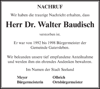 Traueranzeige von Walter Baudisch von Mitteldeutsche Zeitung Aschersleben