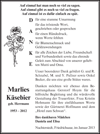 Traueranzeige von Marlies Käsebier von Mitteldeutsche Zeitung Aschersleben