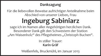 Traueranzeige von Ingeburg Sabiniarz von Mitteldeutsche Zeitung Weißenfels