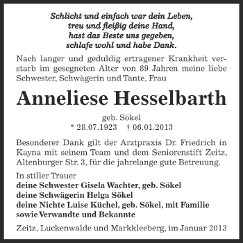Traueranzeige von Anneliese Hesselbarth von Mitteldeutsche Zeitung Zeitz