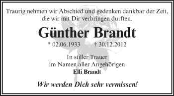 Traueranzeige von Günther Brandt von Mitteldeutsche Zeitung Aschersleben