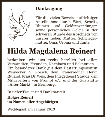Traueranzeige von Hilda Magdalena Reinert von Mitteldeutsche Zeitung Bernburg
