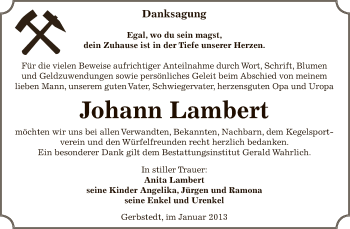Traueranzeige von Johann Lambert von Mitteldeutsche Zeitung Mansfelder Land