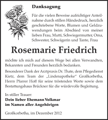 Traueranzeige von Rosemarie Friedrich von Mitteldeutsche Zeitung Weißenfels