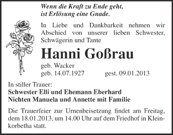 Traueranzeige von Hanni Goßrau von Mitteldeutsche Zeitung Weißenfels