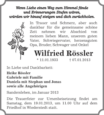 Traueranzeige von Wilfried Rössler von Mitteldeutsche Zeitung Mansfelder Land