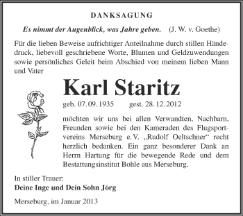 Traueranzeige von Karl Staritz von Mitteldeutsche Zeitung Merseburg/Querfurt