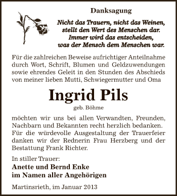 Traueranzeige von Ingrid Pils von Mitteldeutsche Zeitung Sangerhausen