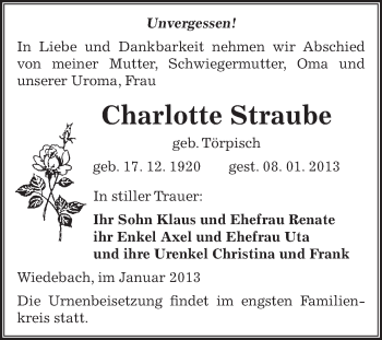 Traueranzeige von Charlotte Straube von Mitteldeutsche Zeitung Weißenfels
