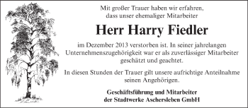Traueranzeige von Harry Fiedler von Mitteldeutsche Zeitung Aschersleben