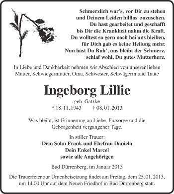Traueranzeige von Ingeborg Lillie von Mitteldeutsche Zeitung Merseburg/Querfurt
