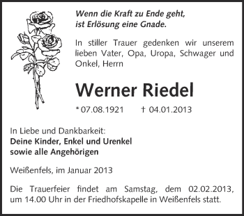 Traueranzeige von Werner Riedel von Mitteldeutsche Zeitung Weißenfels