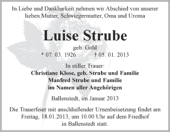 Traueranzeige von Luise Strube von Mitteldeutsche Zeitung Quedlinburg